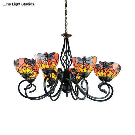 Tiffany Dragonfly Ceiling Chandelier With Curved Arm - Stained Glass Indoor Lighting (6/8 Heads)