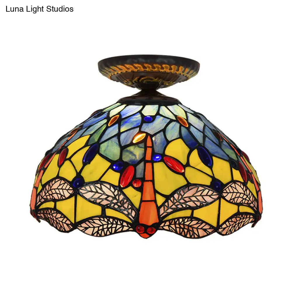 Tiffany Dragonfly Flush Mount Lamp - Stained Glass Close To Ceiling Lighting Fixture In Brass
