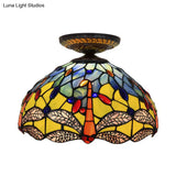 Tiffany Dragonfly Flush Mount Lamp - Stained Glass Close To Ceiling Lighting Fixture In Brass