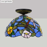 Tiffany Dragonfly Flush Mount Lamp - Stained Glass Close To Ceiling Lighting Fixture In Brass