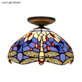 Tiffany Dragonfly Flush Mount Lamp - Stained Glass Close To Ceiling Lighting Fixture In Brass
