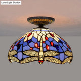 Tiffany Dragonfly Flush Mount Lamp - Stained Glass Close To Ceiling Lighting Fixture In Brass