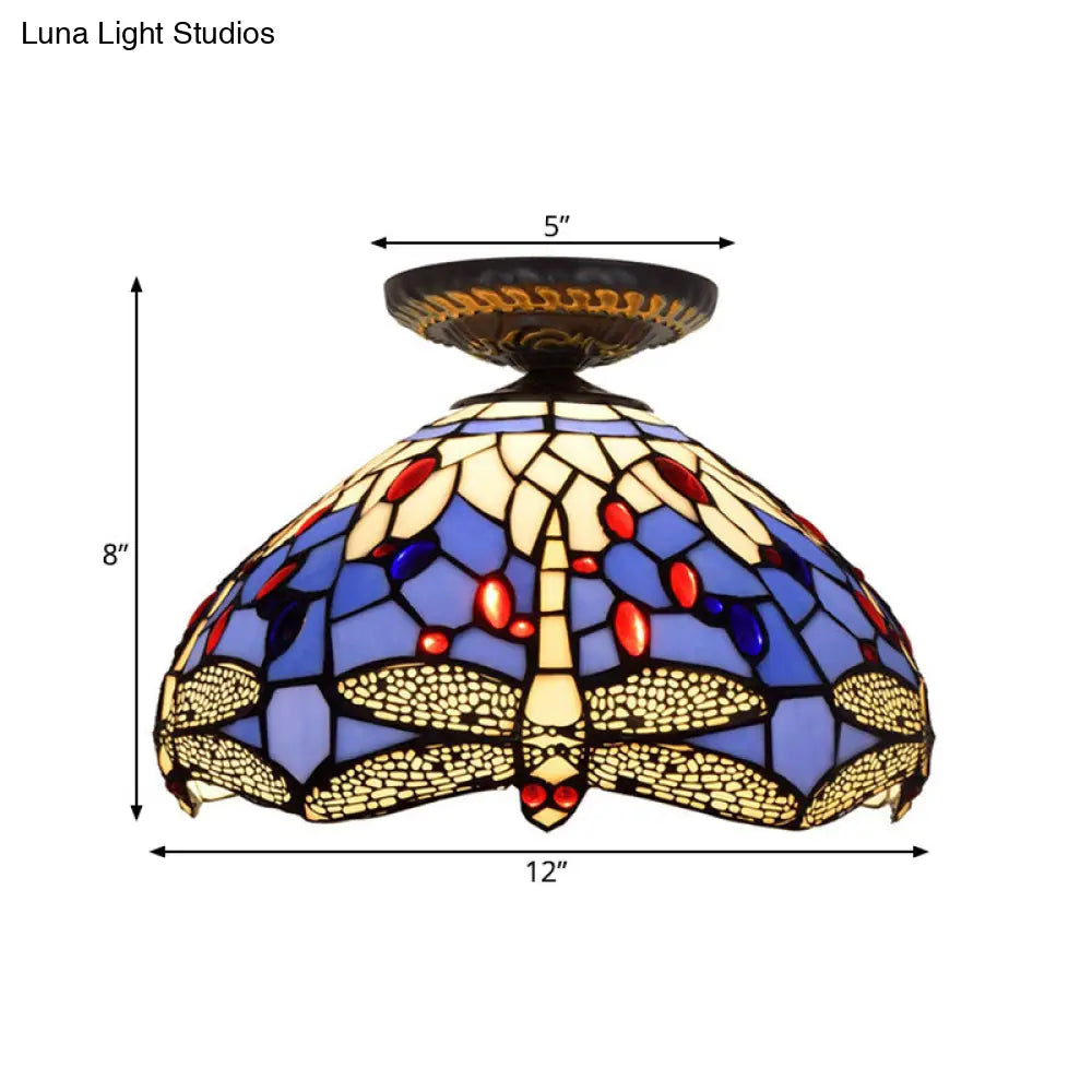 Tiffany Dragonfly Flush Mount Lamp - Stained Glass Close To Ceiling Lighting Fixture In Brass