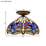 Tiffany Dragonfly Flush Mount Lamp - Stained Glass Close To Ceiling Lighting Fixture In Brass