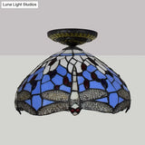 Tiffany Dragonfly Flush Mount Lamp - Stained Glass Close To Ceiling Lighting Fixture In Brass
