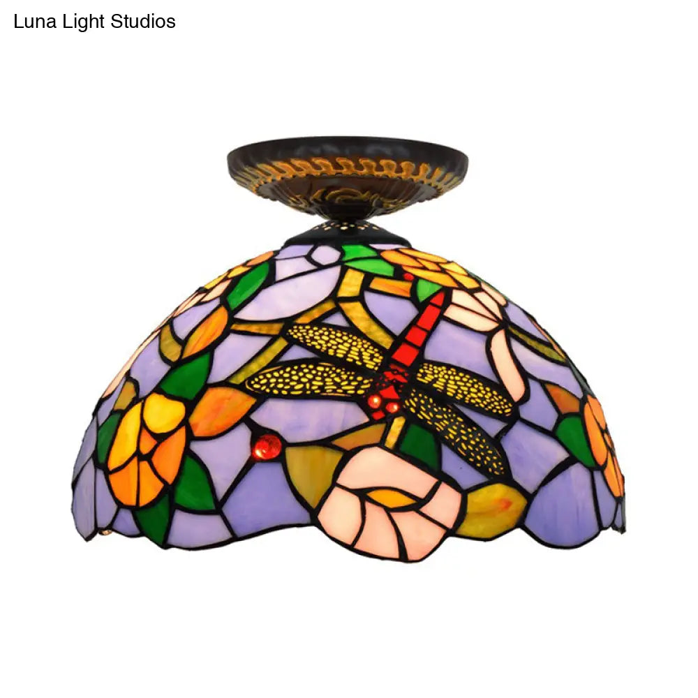 Tiffany Dragonfly Flush Mount Lamp - Stained Glass Close To Ceiling Lighting Fixture In Brass