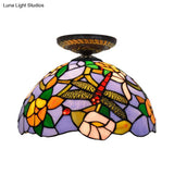 Tiffany Dragonfly Flush Mount Lamp - Stained Glass Close To Ceiling Lighting Fixture In Brass