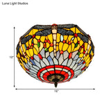 Tiffany Dragonfly Stained Glass Ceiling Lamp - Flush Mount Fixture In Red/Yellow/Orange Perfect For