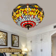 Tiffany Dragonfly Stained Glass Ceiling Lamp - Flush Mount Fixture In Red/Yellow/Orange Perfect For