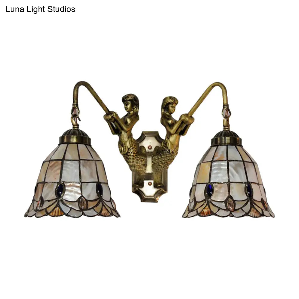 Tiffany Flared Shell Sconce Light With Mermaid Design - 2 Heads Beige Wall Mounted For Bedroom