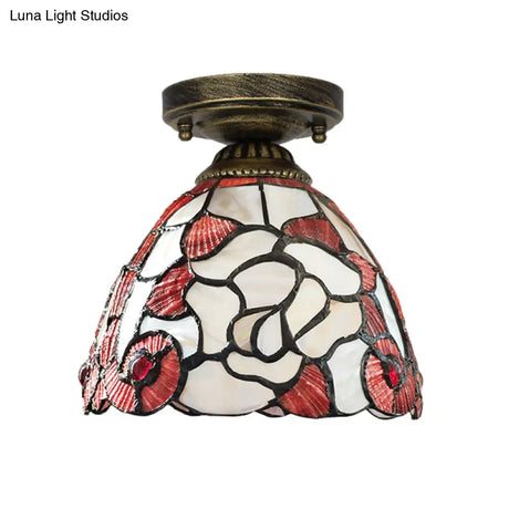 Tiffany Floral Bell Ceiling Light Fixture In Beige/Red - White/Pink For Living Room