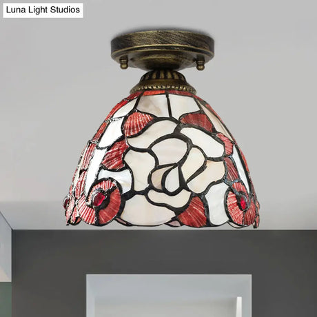 Tiffany Floral Bell Ceiling Light Fixture In Beige/Red - White/Pink For Living Room
