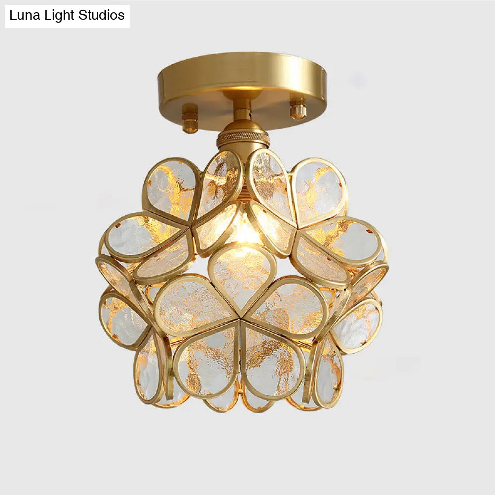 Tiffany Floral Semi Mount 1 - Light Glass Ceiling Flush Light In Brass - Ideal For Hallway Décor