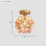 Tiffany Floral Semi Mount 1 - Light Glass Ceiling Flush Light In Brass - Ideal For Hallway Décor