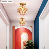Tiffany Floral Semi Mount 1 - Light Glass Ceiling Flush Light In Brass - Ideal For Hallway Décor