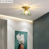 Tiffany Floral Semi Mount 1 - Light Glass Ceiling Flush Light In Brass - Ideal For Hallway Décor