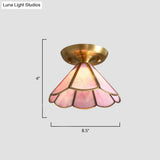 Tiffany Floral Semi Mount 1 - Light Glass Ceiling Flush Light In Brass - Ideal For Hallway Décor