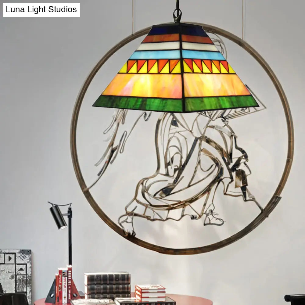 Tiffany Geometric Stained Glass Ceiling Lamp - Single Light Pendant For Bedroom (Pink/Green)