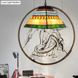 Tiffany Geometric Stained Glass Ceiling Lamp - Single Light Pendant For Bedroom (Pink/Green)