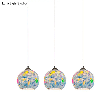 Tiffany Glass 3-Bulb Pendant Lamp With Light Blue Multi Leaf-Pattern Globe - Baroque Ceiling