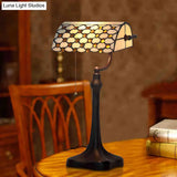 Tiffany Glass Banker Lamp With Pull Chain - Elegant Jeweled White Design For Nightstand Lighting