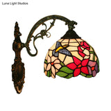 Tiffany Glass Bronze Wall Sconce - Hand-Crafted Magpie And Flowers Design Single Head Light Fixture