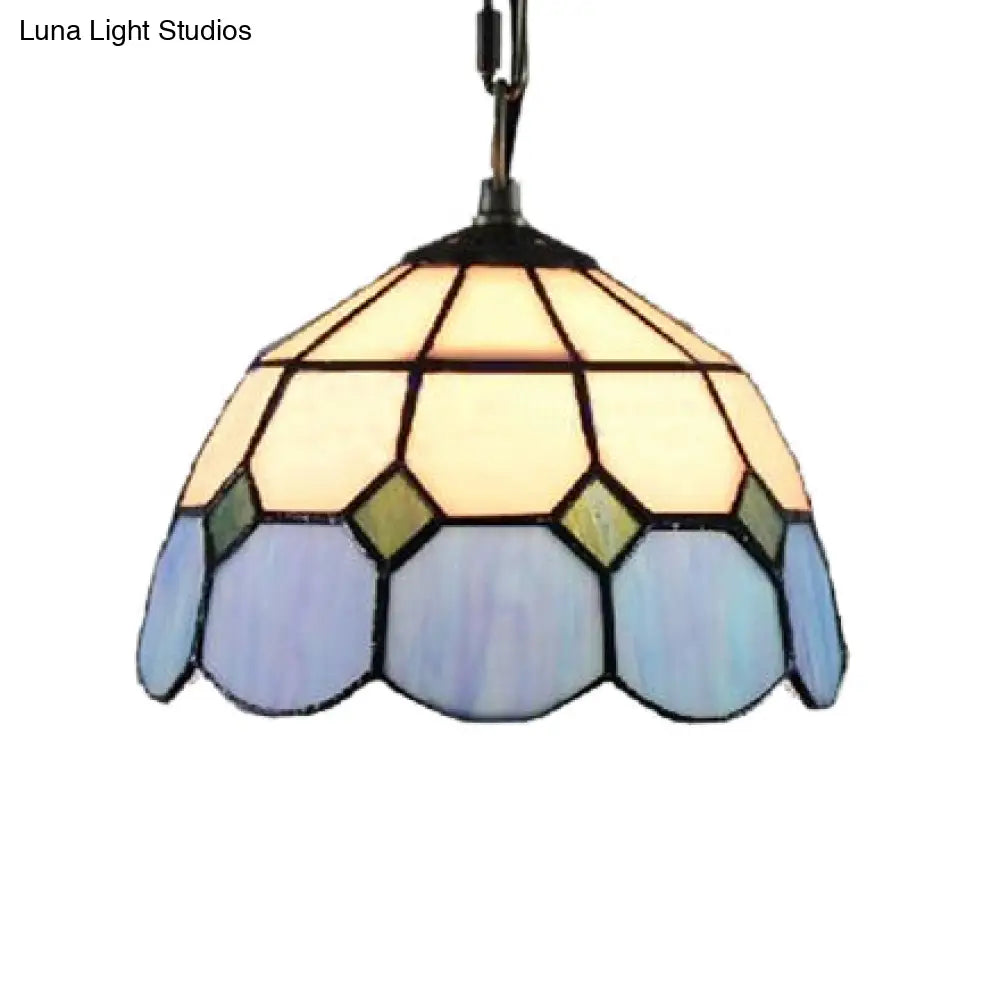 Tiffany Glass Ceiling Pendant Light - Green/Blue Hand Cut 1-Head Suspension Lamp For Restaurants