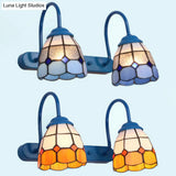 Tiffany Glass Dome Wall Light Fixture - Blue/Yellow 2-Head Vanity Sconce For Bathroom