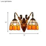 Tiffany Glass Sconce With Grid Pattern & 2 Orange/Green Heads- Wall Mounted Light