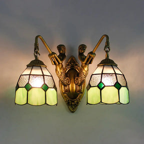 Tiffany Glass Sconce With Grid Pattern & 2 Orange/Green Heads- Wall Mounted Light Green