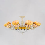 Tiffany Gold/White Stained Glass Semi Flush Mount Ceiling Light - Grid Pattern 11 Heads Gold