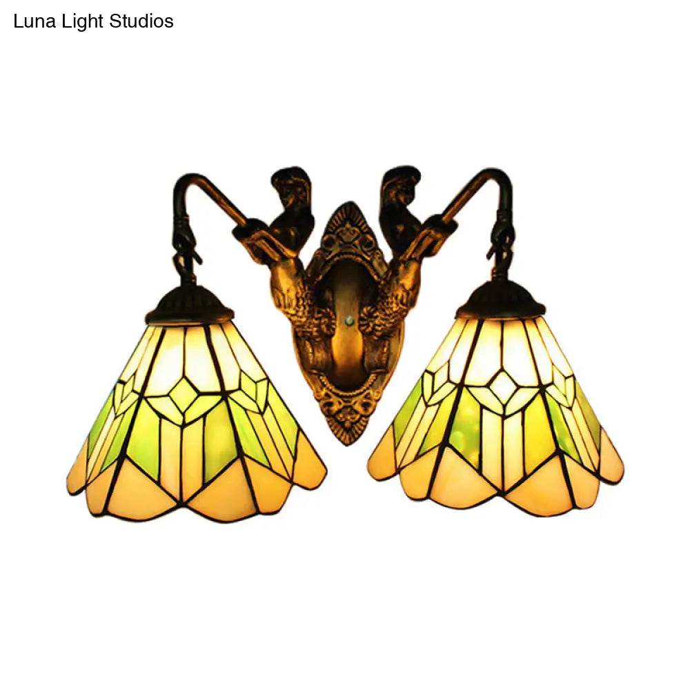 Tiffany Green And White Glass Conical Wall Sconce Light With Aged Brass Finish - 2 Head Fixture