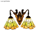 Tiffany Green And White Glass Conical Wall Sconce Light With Aged Brass Finish - 2 Head Fixture