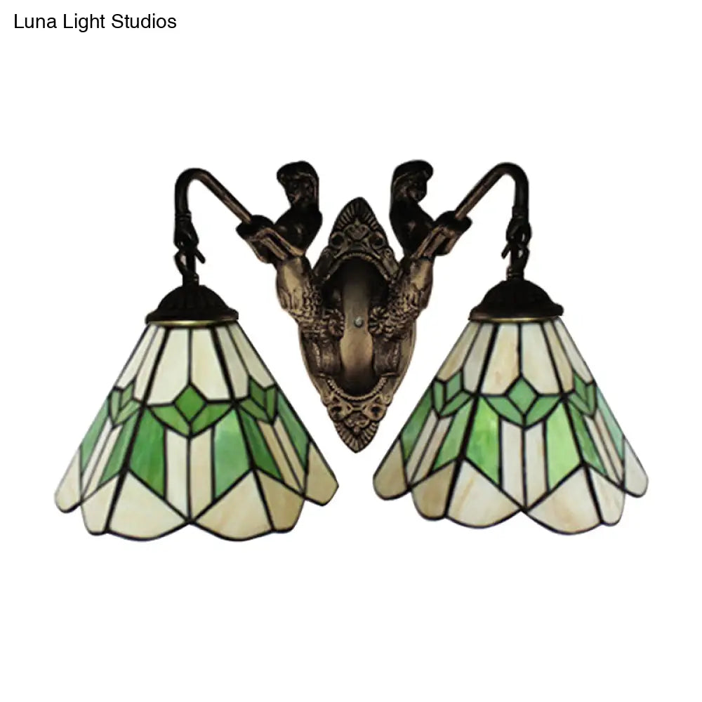 Tiffany Green And White Glass Conical Wall Sconce Light With Aged Brass Finish - 2 Head Fixture