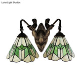 Tiffany Green And White Glass Conical Wall Sconce Light With Aged Brass Finish - 2 Head Fixture