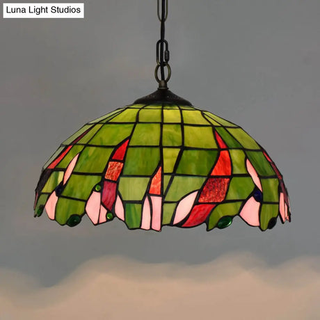 Tiffany Green Stained Glass Ceiling Pendant Light With Stylish Domed Suspension - Perfect For