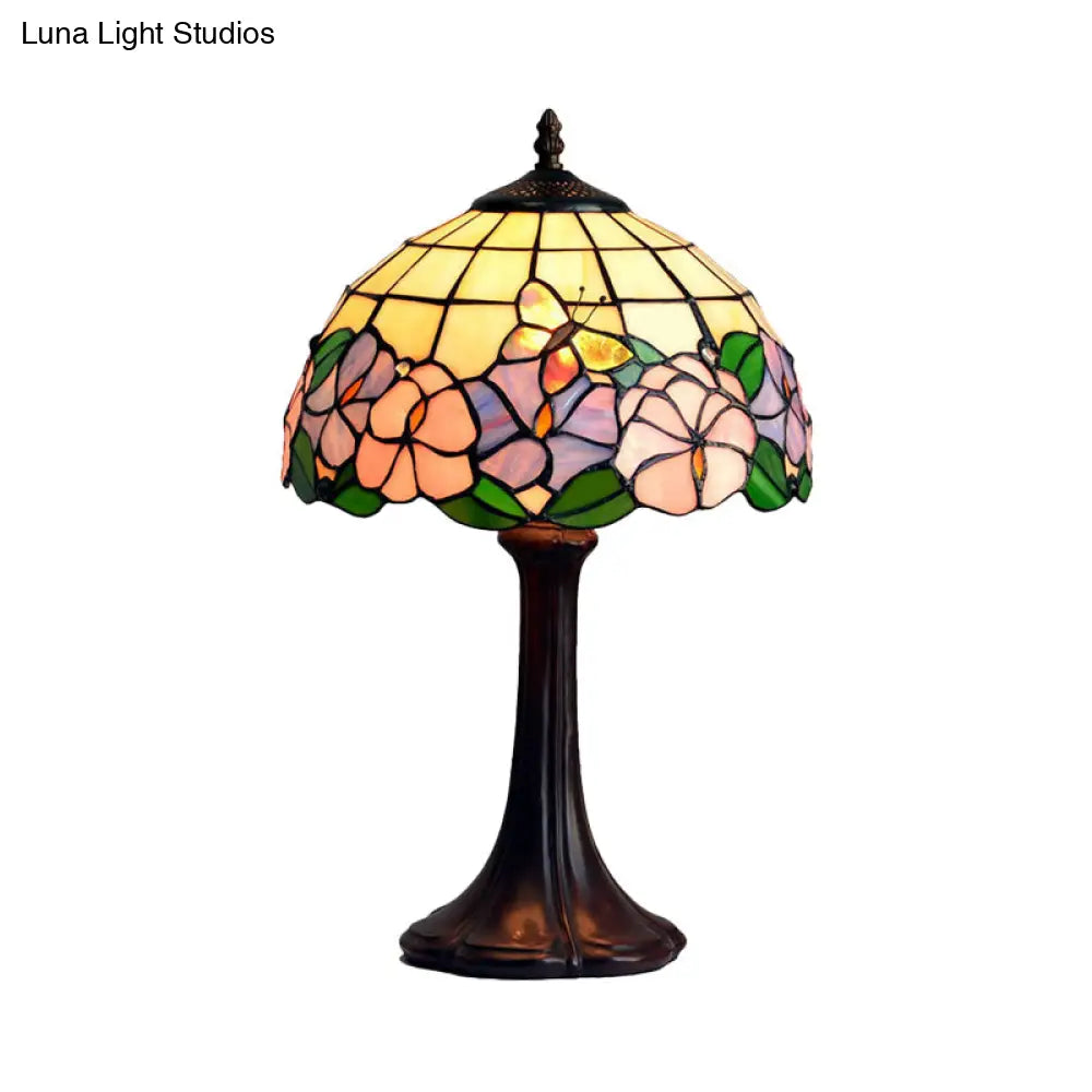 Tiffany Grid Shade Table Lamp: Hand-Crafted Glass 1-Light Night Light With Flower And Butterfly