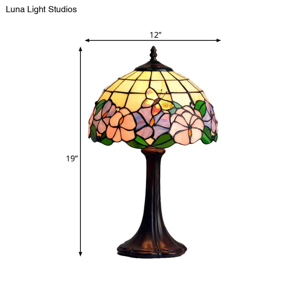 Tiffany Grid Shade Table Lamp: Hand-Crafted Glass 1-Light Night Light With Flower And Butterfly