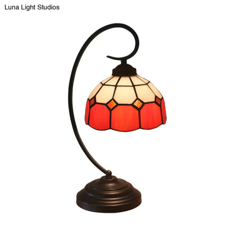 Tiffany Hand Cut Glass Red/Pink Grid Patterned Nightstand Lamp With Domed Shape And Curved Arm