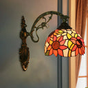 Tiffany Hand-Cut Glass Wall Mount Light Fixture - Rose/Sunflower Design With 1 Red/Green Elegant