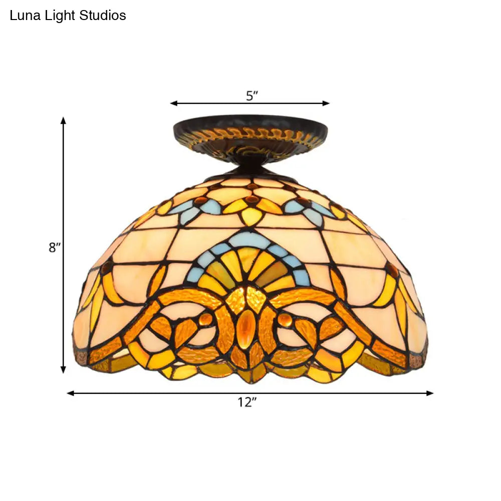 Tiffany Hand Rolled Art Glass Floral Flush Mount Light With Yellow/Blue Shade 12’/16’ W