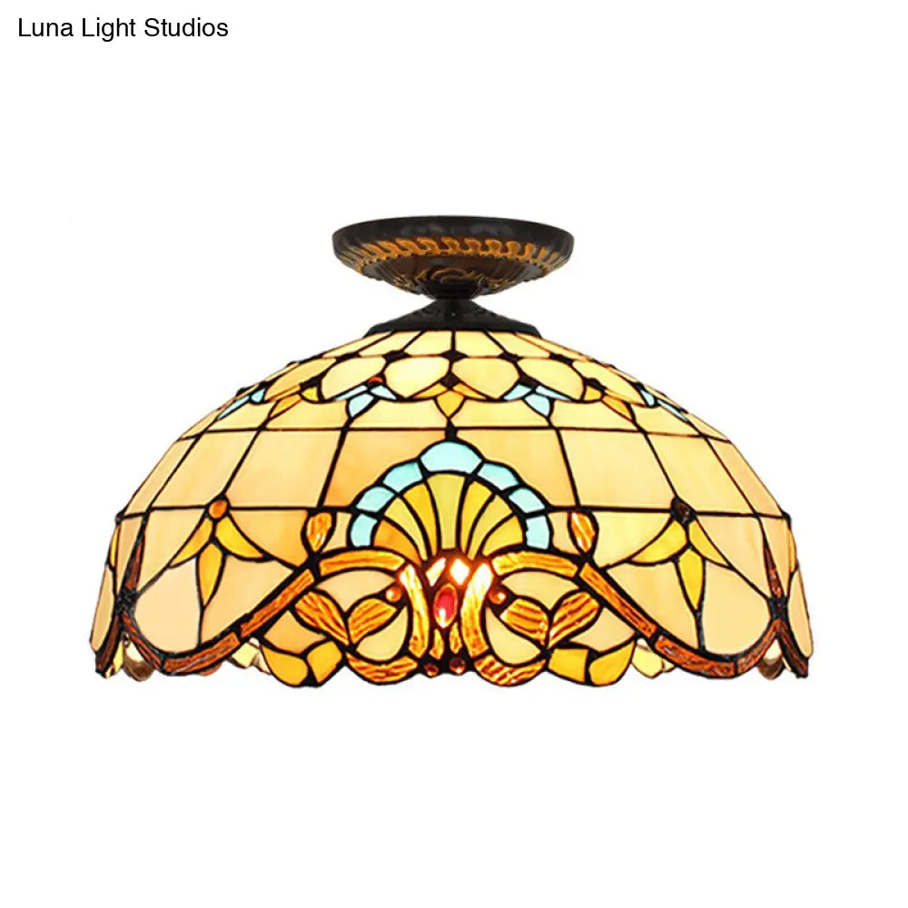 Tiffany Hand Rolled Art Glass Floral Flush Mount Light With Yellow/Blue Shade 12’/16’ W