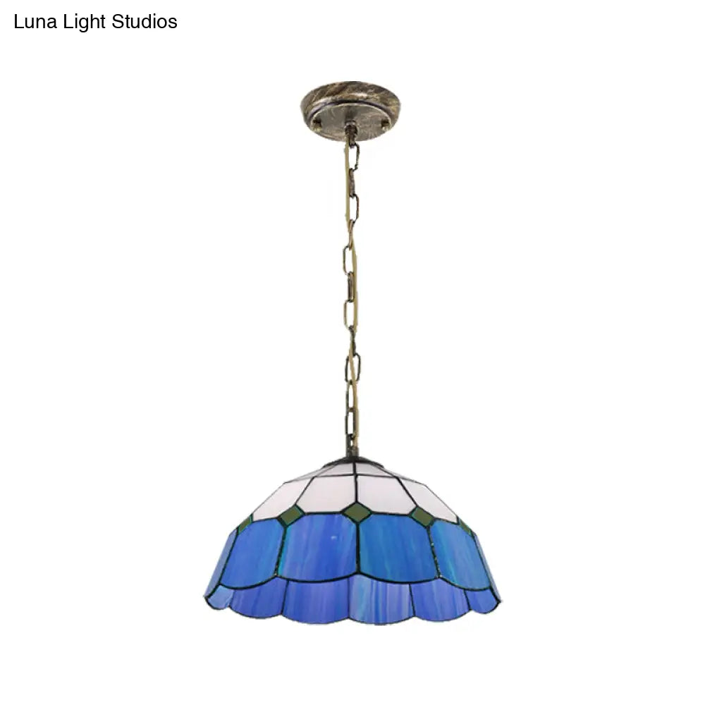 Tiffany Handcrafted Art Glass Ceiling Light: Domed Yellow/Blue 1 Head 12’/16’ Wide