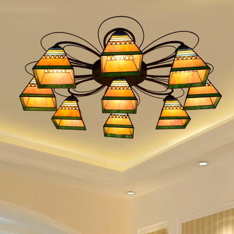 Tiffany Handcrafted Art Glass Semi Flush Light - Orange Pyramid Ceiling Mounted Fixture 3/7/8 Heads
