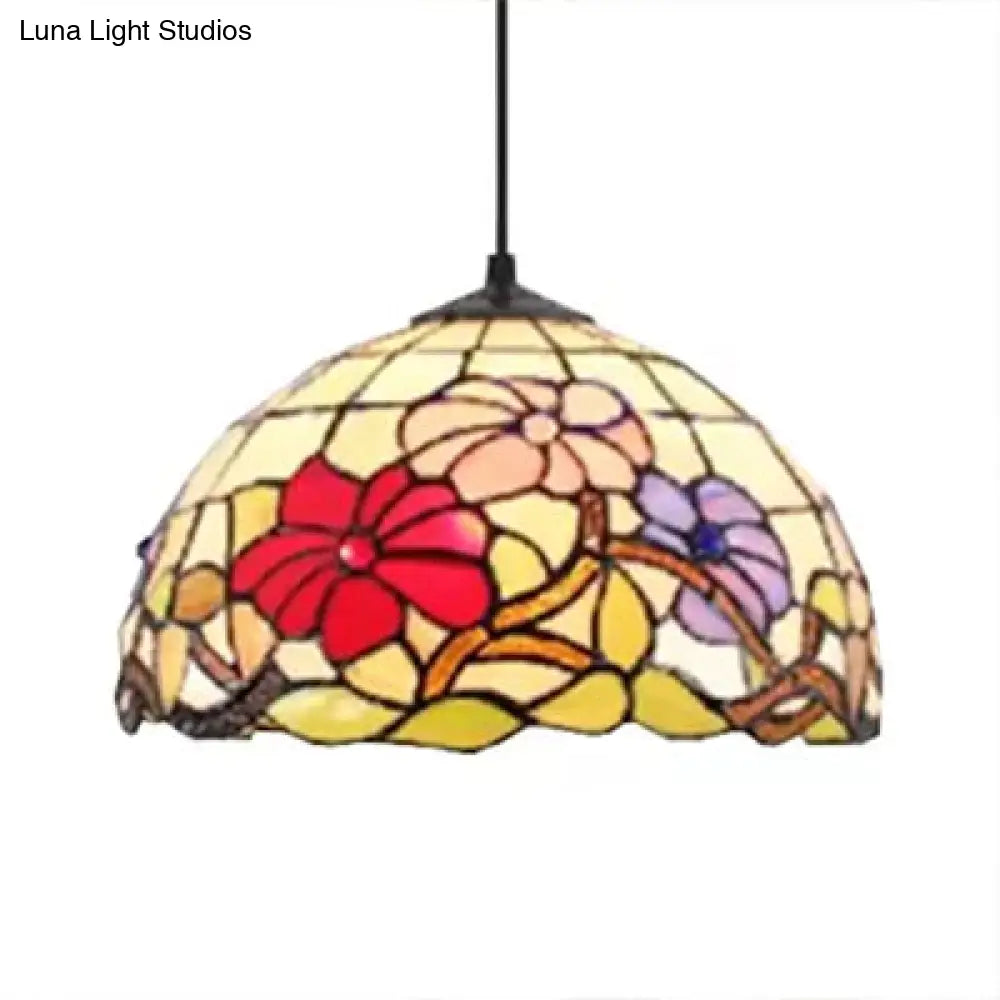 Tiffany Handcrafted Flower Pattern Dome Ceiling Light - 1 Head Black 8’/12’/16’ Width