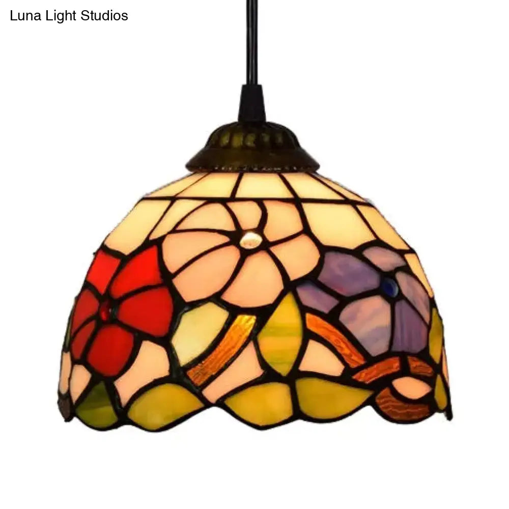 Tiffany Handcrafted Flower Pattern Dome Ceiling Light - 1 Head Black 8’/12’/16’ Width