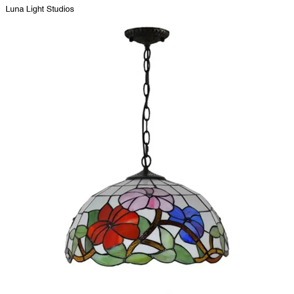 Tiffany Handcrafted Flower Pattern Dome Ceiling Light - 1 Head Black 8’/12’/16’ Width
