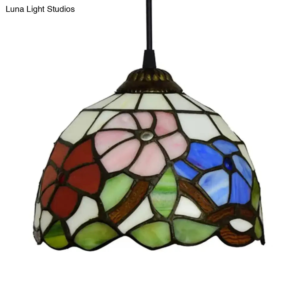 Tiffany Handcrafted Flower Pattern Dome Ceiling Light - 1 Head Black 8’/12’/16’ Width