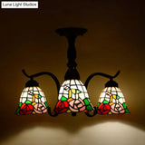 Tiffany Indoor Semi Flush Mount Ceiling Light With Stained Glass Design In Black - 3 Lights