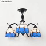 Tiffany Indoor Semi Flush Mount Ceiling Light With Stained Glass Design In Black - 3 Lights